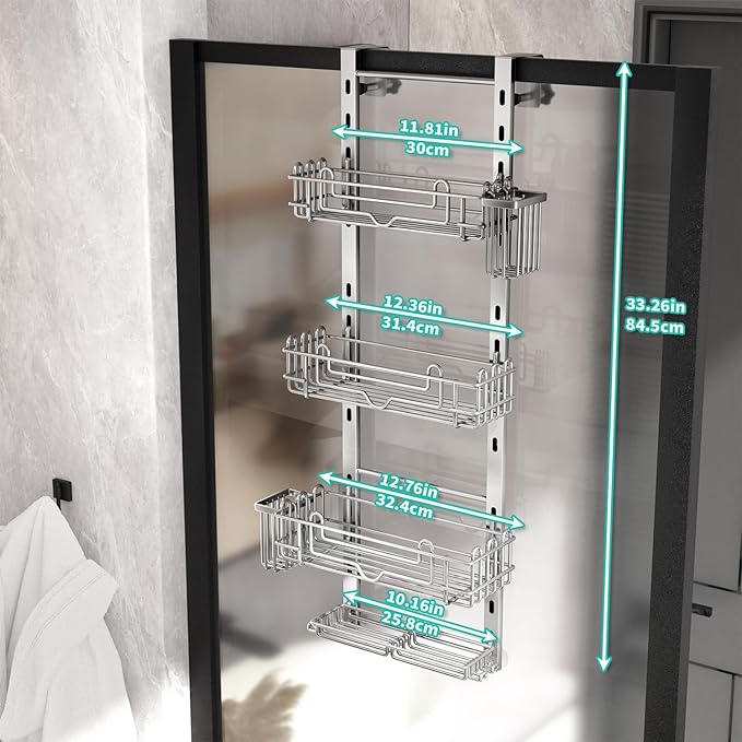 HapiRm Hanging Shower Caddy Organizer - Shower Shelf with 22 Hooks and 2 Toothbrush Holders, No Drilling Adjustable Hanging Bathroom Organizer - Silver