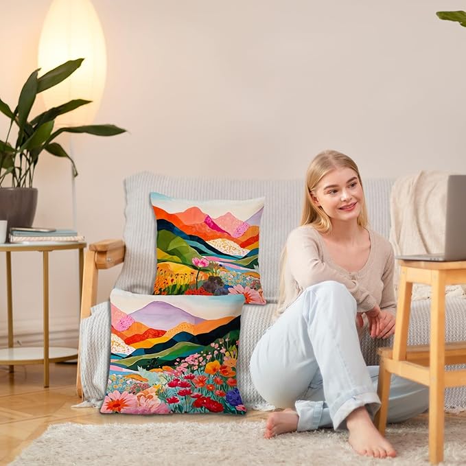 JINYO Abstract Mountain Pillow Covers 18x18 Set of 2, Abstract Mountain Floral Pillow Cases Watercolor Landscape Decorative for Home Bedroom Living Room Office Decor, Vintage Western Decor