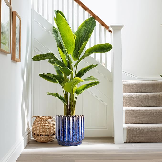 Ceramic Planter - 9.6 Inch Ceramic Plant Pots Indoor Outdoor, Round Flower Pots with Drainage Hole, Large Fluted Modern Planter, Room Home Bedroom Decor, Plant Lover Gifts, Blue