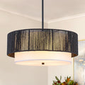 18'' Farmhouse Rattan Chandeliers for Dining Room,3-Light Boho Light Fixtures Rattan Pendant Light Fixture with Fabric Shade Drum Chandeliers for Bedroom Dining Room Foyer Kitchen Hallway（Black）