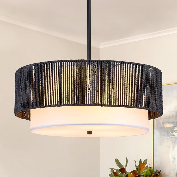 18'' Farmhouse Rattan Chandeliers for Dining Room,3-Light Boho Light Fixtures Rattan Pendant Light Fixture with Fabric Shade Drum Chandeliers for Bedroom Dining Room Foyer Kitchen Hallway（Black）