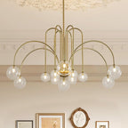 Mid Century Gold Sputnik Chandelier 12 Lights Modern Large L52” Clear Glass Globe Pendant Light Fixture for High Ceiling Foyer Staircase Living Dining Room