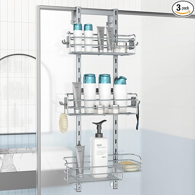 Nieifi Over The Door Shower Caddy Pantry Organizer Rack, Adjustable Hanging Shower Organizer Shelf Basket Storage Rack, Bathroom Shelves Drill Free Extra Large, Silver