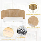 Rattan Farmhouse Chandeliers for Dining Room，Rattan Pendant Light Fixture Boho Light Fixtures with Fabric Shade Chandeliers for Bedroom Dining Room Foyer Kitchen Hallway Farmhouse（Gold）