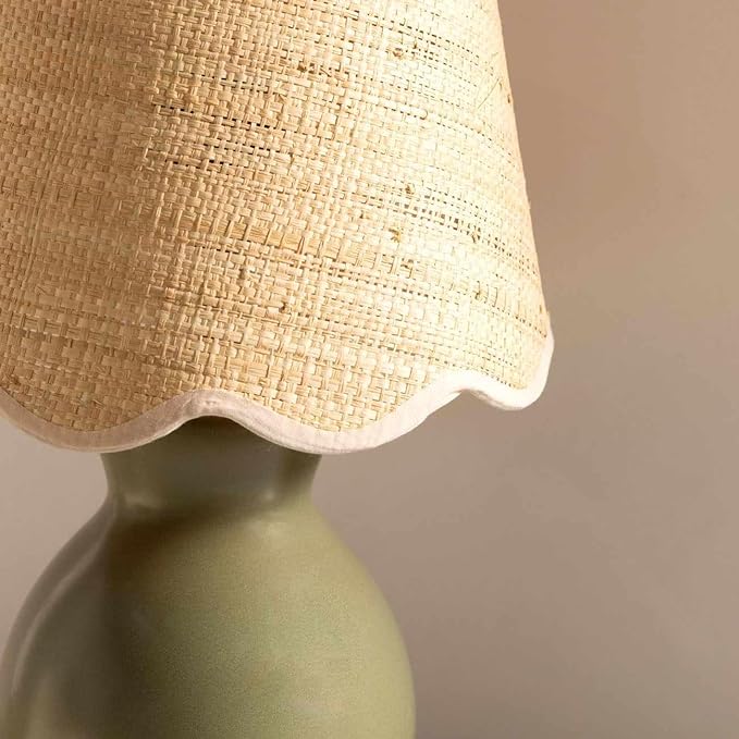 BoutiqueRugs Liliac Boho Ceramic and Jute Bedside Table Lamp for Bedroom Nightstand - End Side Lighting for Living Room - Shade Rattan - Green, Olive, Beige - 15" H