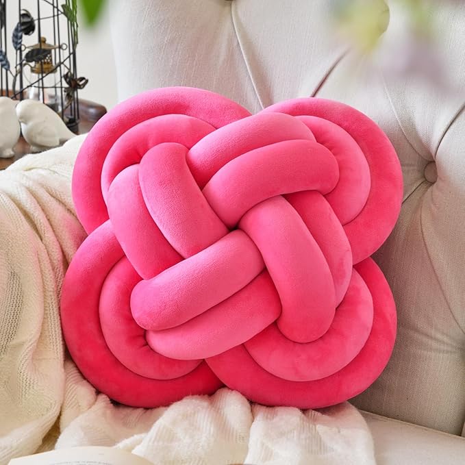 Xuyier Knot Pillow Ball, Decorative Throw Pillows with Velvet Fabric for Couch Bed, 12" Decor Knotted Square Floor Pillow Cushions for Living Room (12 Inches, Rose Red)