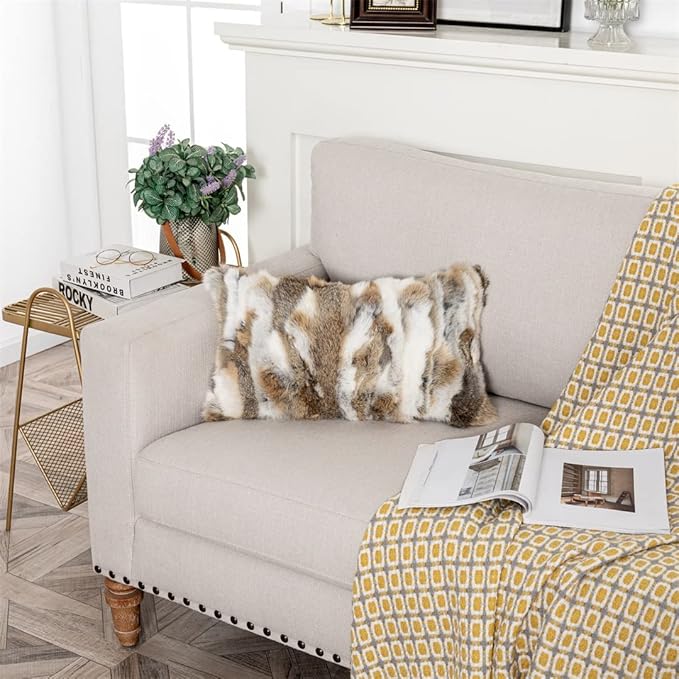 Throw Pillow Covers Fur Rabbit Hide Skin Fur Throw Pillow Covers Sofa Pillow Case Cushion Cover (Yellow, 30×50cm（12in×20in）)