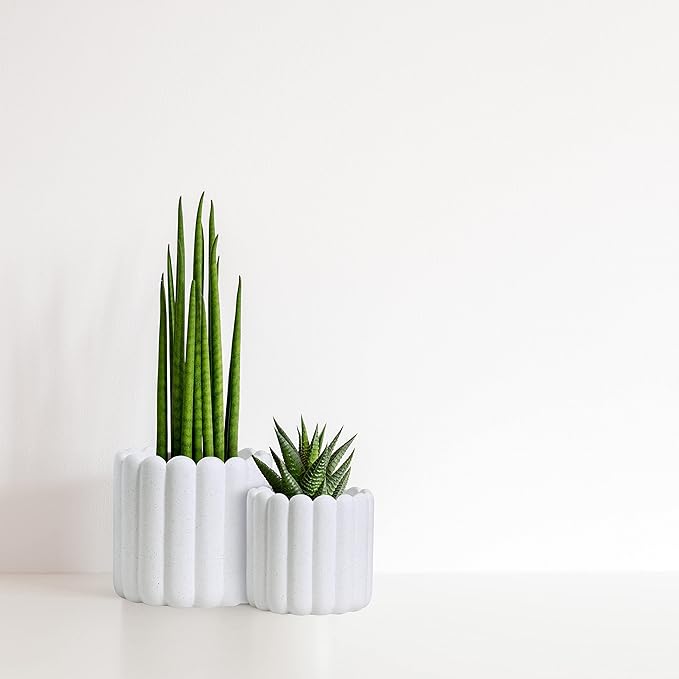 Olly & Rose Vertical Striped Ribbed Plant Pots - Charcoal Speckled White Planters - 6.5" and 5.3" Diameter Flower Pots for Indoors and Outdoors (White Ribbed)