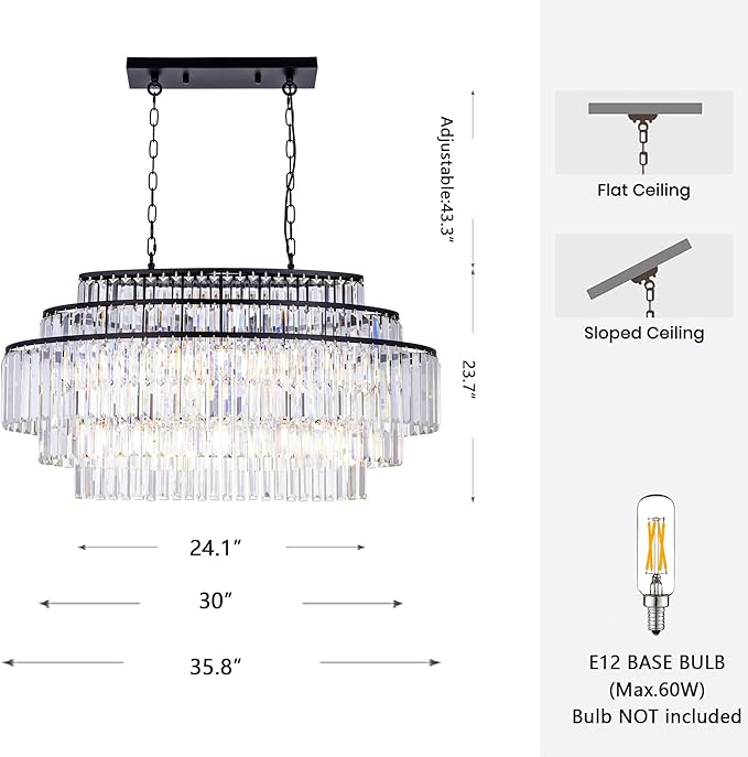 Wellmet Black Crystal Chandelier, Modern Dining Room Chandeliers 36 Inches, Farmhouse K9 Linear Rectangle Chandelier for Living Room, Kitchen Island, Pool Table Light, Foyer