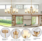 6-Light Gold Chandeliers for Dining Room with Frosted Glass Modern 47.2'' Ceiling Hanging Light Fixtures Classic Farmhouse Pendant Lighting for Kitchen Island, Dining Table, Adjustable Height