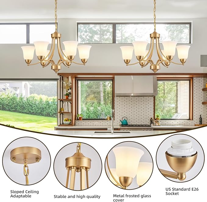 6-Light Gold Chandeliers for Dining Room with Frosted Glass Modern 47.2'' Ceiling Hanging Light Fixtures Classic Farmhouse Pendant Lighting for Kitchen Island, Dining Table, Adjustable Height