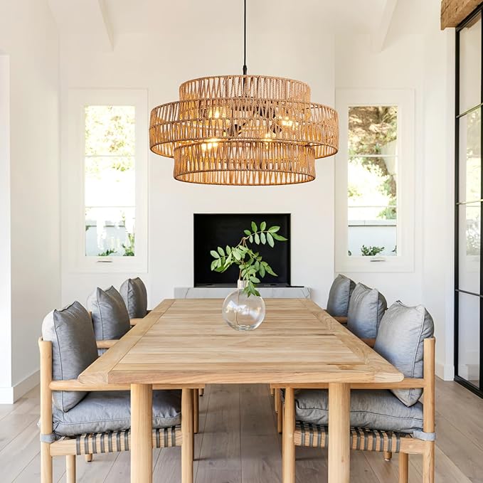 3-Tier Large Rattan Chandeliers, 22.8in Boho Coastal Pendant Lights, Wicker Hanging Ceiling Lights Hemp Rope Lighting Fixture, for Dining Room, Kitchen Island, Living Room
