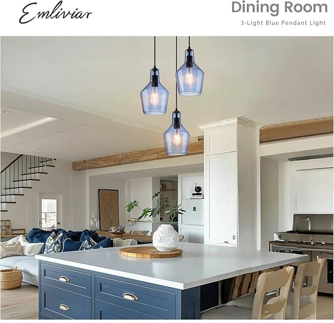 Emliviar 3-Light Cluster Pendant Light, Blue Hanging Pendant Lights with Seeded Glass for Kitchen Hallway Dining Room, DYE286G1-3 BK