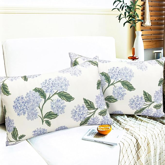 Decorative Throw Pillow Covers Set of 2 White Hydrangea Pillow Covers 12x20 inch Super Soft Short Plush Square Floral Throw Pillows,Farmhouse Outdoor Pillow Covers for Couch Living Room