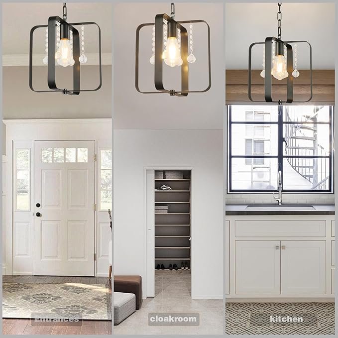Farmhouse Crystal Chandelier,12 Inch Modern Geometric Rustic Vintage Hanging Pendant Ceiling Light Fixture for Dining Room Bedroom Kitchen Island Hallway Foyer Entryway