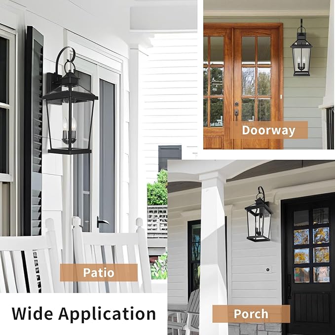 JYZ Dusk to Dawn Outdoor Wall Sconce, 24 Inch Waterproof Exterior Wall Lantern with Textured Glass, 2-Light Anti-Rust Classic Porch Light for Front Door Garage Patio Yard JYOWL06-BK-L