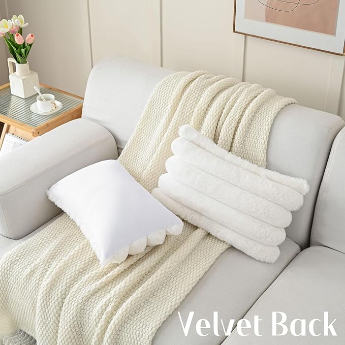 FUTEI Cream White Decorative Throw Pillow Covers 12x20 Inch Set of 2, Square Soft Faux Rabbit Fur Big Striped Cushion Cover,Home Decor for Couch Sofa Bed Living Room