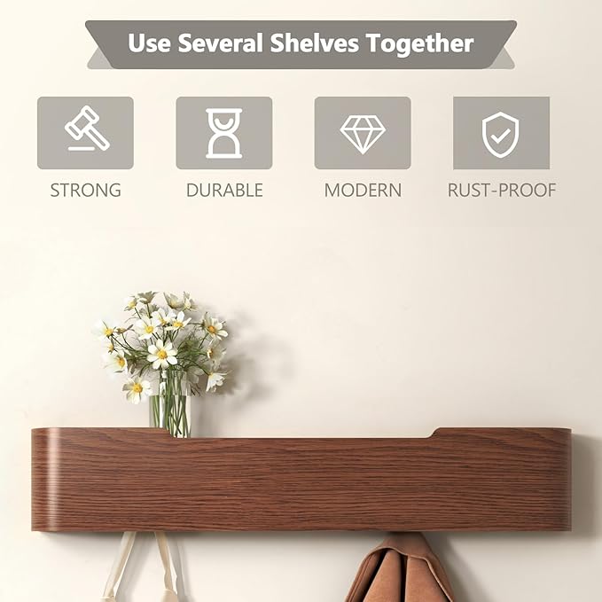 Coat Rack Wall Mount Entryway Organizer Modern Key Holder Wall Mount with Wooden Shelf Entryway Hooks for Bedroom Kitchen Hallway Bathroom for Hanging Coats Hats Bags Towels