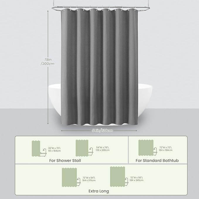 Inhousolu Fabric Shower Curtain Waffle Weave, 230 GSM Heavy Duty, Weighted Hem, 12 Metal Hooks, Water Repellent, Machine Washable, Hotel Spa Luxury Bath Curtain Set, 54 x 78 Inch, Grey