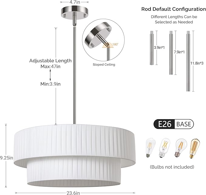LamQee Large Farmhouse Drum Chandelier, 2-Layer 23.6inch Ceiling Light Fixture Nickel with Fabric Shade Modern Pendant Hanging Light for Dining Room Living Room Bedroom Kitchen Island
