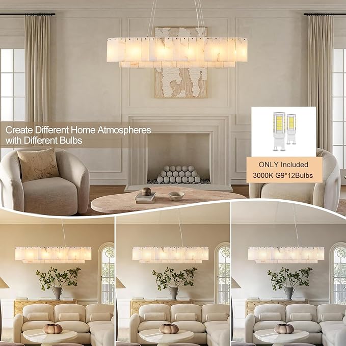 L40in Alabaster Rectangular Chandelier for Dining Room, Modern White Marble Oval Chandeliers for Kitchen Island, Rectangle Chandelier for Dining Table (Dimmable Bulbs INCL)