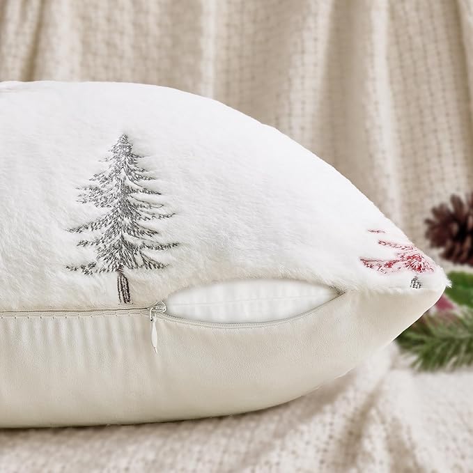 MIULEE Christmas Decorative Pillow Covers Set of 2 Faux Fur Throw Pillows with Embroidered Christmas Tree 18x18 Inch White Red Winter Couch Covers for Festival Sofa Bedroom Living Room Home Decor