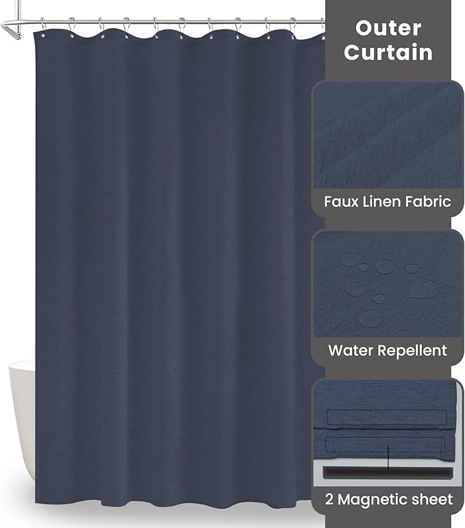 Inhousolu Boho Farmhouse Shower Curtain with Fabric Liner Set, Faux Linen Textured, 12 Metal Hooks Luxury Weighted Hem, Washable Wrinkle Free Bath Curtain for Hotel Bathroom 54" W x 78" L Navy Blue