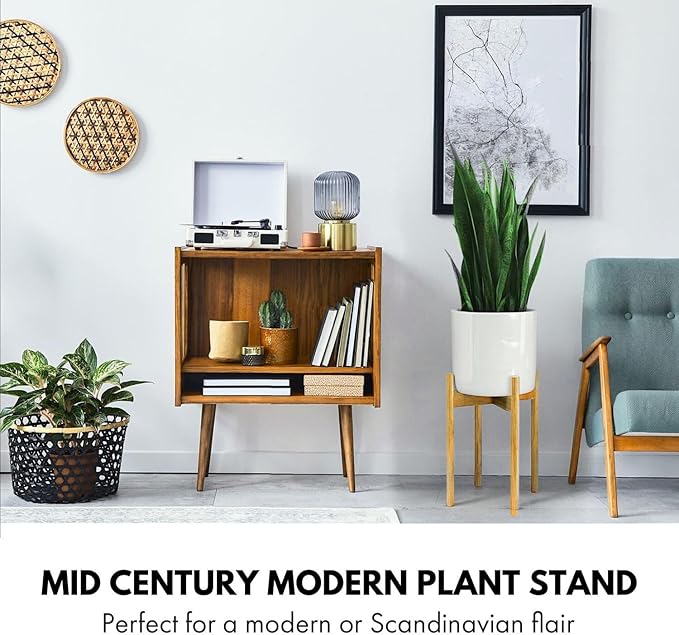 Fox & Fern Adjustable Tall Plant Stand Indoor — 8 to 12 Inch Premium Mid Century Bamboo Plant Stand with Adjustable Width; Plug In Design; Easy to Assemble; Two Heights - For 8, 9, 10, 11 & 12 In Pots