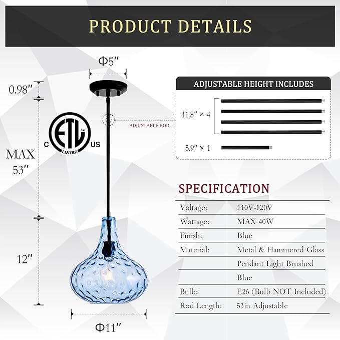 11" Hand-Blown Blue Glass Pendant Light, Modern Hammered Glass Hanging Light Fixture with Black Finish, Adjustable Ceiling Pendant Lighting for Kitchen Island, Dining Room, Living Room