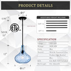 11" Hand-Blown Blue Glass Pendant Light, Modern Hammered Glass Hanging Light Fixture with Black Finish, Adjustable Ceiling Pendant Lighting for Kitchen Island, Dining Room, Living Room