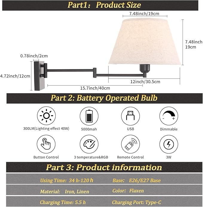 Battery Operated Wall Sconces Set of 2, Swing Arm Adjustable Wall Lamp 5000 mAh Rechargeable Bulb with 12 RGB Colors Dimmable Wall Sconce for Living Room Bedroom