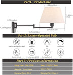Battery Operated Wall Sconces Set of 2, Swing Arm Adjustable Wall Lamp 5000 mAh Rechargeable Bulb with 12 RGB Colors Dimmable Wall Sconce for Living Room Bedroom
