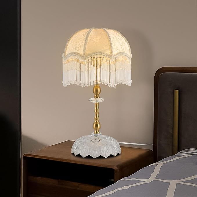 Eapmic Table Lamp,Bedside End Table Lamp Traditional Nightstand Desk Lamp Beaded Tassel Lamp with Shade for Living Bedroom Office(Retro,Style 2)