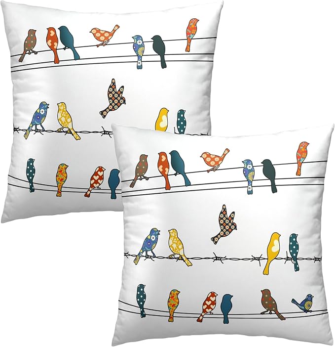 Birds Throw Pillow Covers 16 x 16 Inches Set of 2 Rustic Farmhouse Vintage Rowley Bird Print Multicolor Cotton Linen Pillowcase for Couch Sofa Car Office Decoration