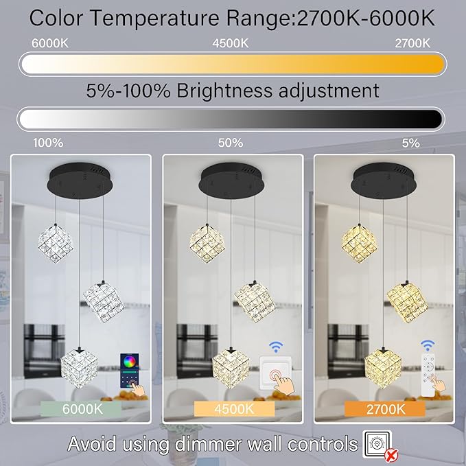 3-Lights Pendants Lightfor Kitchen lsland Chandeliers Dining Room,Square Entryway Light Fixture Hanging Adjustable Height Black Crystal Chandeliers for Bedroom Hallway Foyer