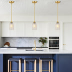 Brushed Gold Pendant Lights Kitchen Island 2 Pack, Glass Pendant Light Fixtures with Hammered Glass and Rods, Modern Farmhouse Brass Hanging Light for Kitchen Sink Dining Room Bedroom, E26