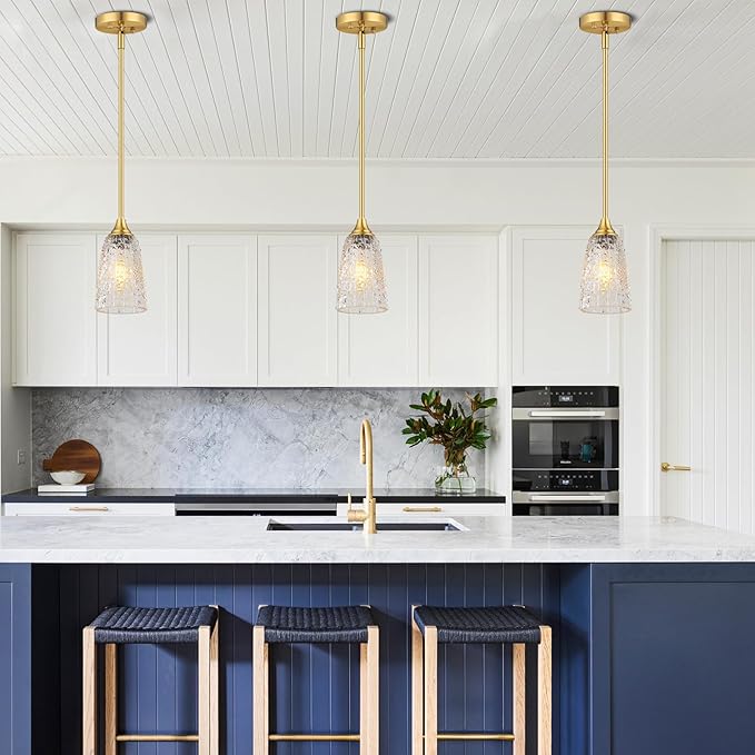 Brushed Gold Pendant Lights Kitchen Island 2 Pack, Glass Pendant Light Fixtures with Hammered Glass and Rods, Modern Farmhouse Brass Hanging Light for Kitchen Sink Dining Room Bedroom, E26