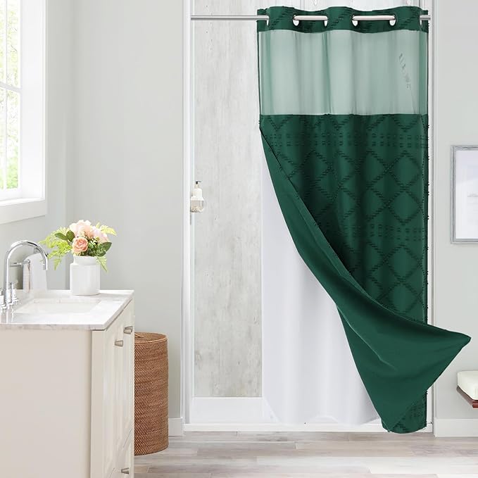 No Hooks Boho Dark Green Woven Fabric Shower Curtain 36 x 74 Modern Farmhouse, Tufted Chevron Striped Shabby Chic Textured, Minimalist Hookless Shower Curtains for Bathroom, Hotel Decor