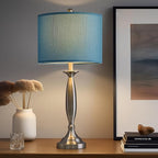 Oneach 27" Modern Table Lamps Set of 2 for Living Room Bedroom with USB A+C Charging Port,Brushed Steel Bedside Lamps for Night Stands,Fabric Drum Shade Nightstand Lamp Light for End Tables Home