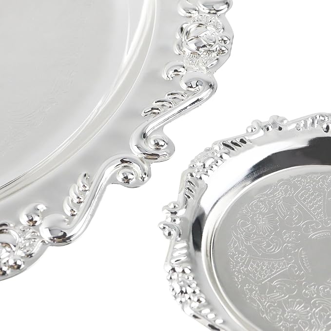 Quluxe Round Platter Serving Tray Metal Reusable Decorative Appetizer Platter Dessert Plate for Kitchen Party Centerpiece Display, 2 Pcs Silver (4 Inch+10 Inch)