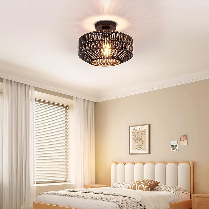 Boho Rattan Ceiling Light Fixture, Mini Rattan Chandelier Lighting Fixture, Hand Woven Ceiling Light Fixtures for Hallway Bedroom Kitchen Entryway Living Room (Black)