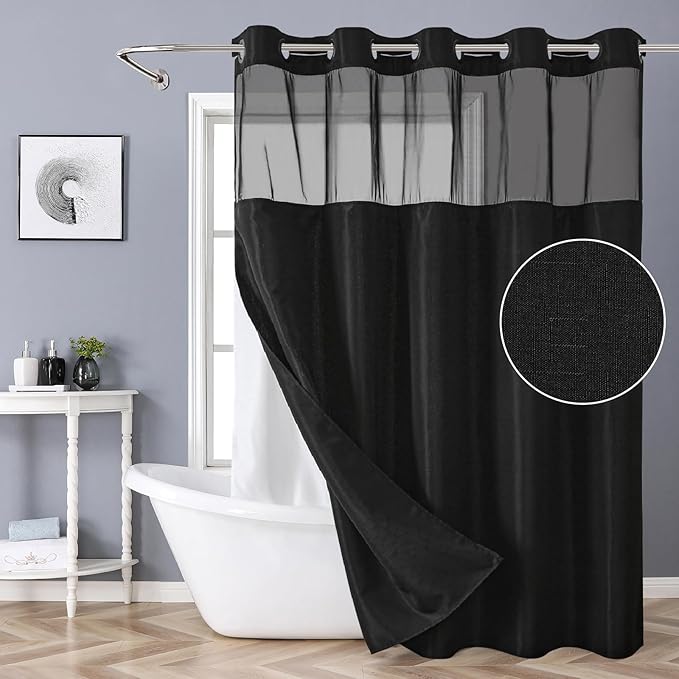 Black No Hook Shower Curtain with Snap-in Fabric Liner Set,Slub Textured Fabric Shower Curtains for Bathroom,Hotel Style Modern Shower Curtain,Water Repellent & Washable,71x74(72)