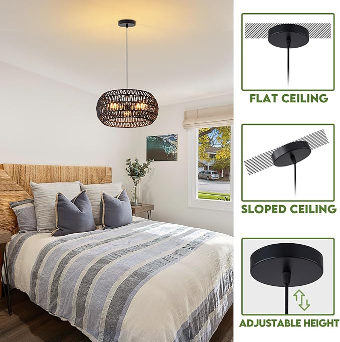 Black Boho Hanging Light Fixture Rattan Chandeliers Drum Pendant Lights for Dinning Room Wicker Chandelier Ceiling Hanging Light Basket Woven Chandelier for Bedroom Hallway Entrance Kitchen Island