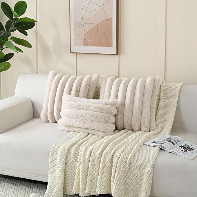 FUTEI Beige Decorative Throw Pillow Covers 24x24 Inch Set of 2, Square Soft Faux Rabbit Fur Big Striped Pillow Sham,Home Decor for Couch Sofa Bed Living Room