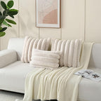 FUTEI Beige Decorative Throw Pillow Covers 24x24 Inch Set of 2, Square Soft Faux Rabbit Fur Big Striped Pillow Sham,Home Decor for Couch Sofa Bed Living Room