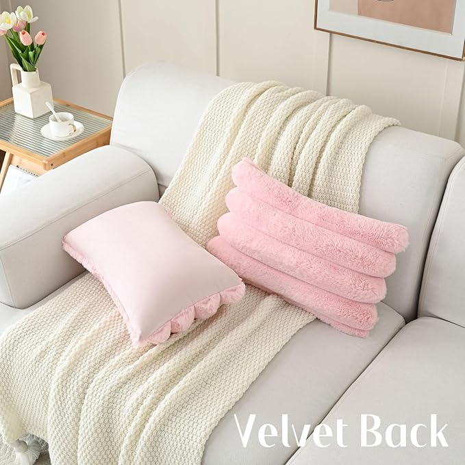 FUTEI Pink Decorative Throw Pillow Covers 12x20 Inch Set of 2, Square Soft Faux Rabbit Fur Big Striped Cushion Cover,Home Decor for Couch Sofa Bed Living Room