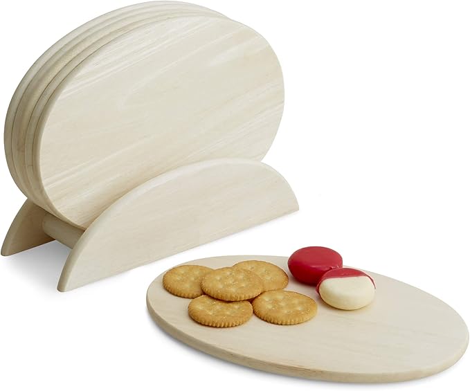 6 Whitewash Wood Serving Boards with Stand, Perfect for Serving, Sushi, Cheese, Hors D'Oeuvre, Charcuterie, Sandwiches by Woodard & Charles, 7 Piece Set, 9 1/2" x 6 1/2" ★★Pack of 10★★