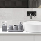 Resin Grey Bathroom Accessories Set 5 Pcs, Lotion Soap Dispenser, Toothbrush Holder, Bathroom Tumbler, Qtip Holder and Vanity Tray, Bathroom Countertop Organizer Set for Modern Home Apartment