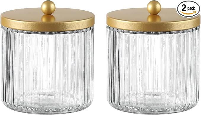 KMwares Set of 2 Glass Qtip Holder Dispenser Set for Cotton Ball, Swab, Round Pads, Floss Picks - Bathroom Canister Storage Organization and Vanity Makeup Organizer (Golden)