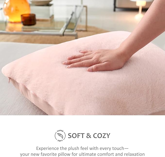 Pallene Faux Fur Plush Throw Pillow Covers 20x20 Set of 2, Luxury Soft Fluffy Cozy Decorative Pillow Covers for Sofa, Couch, Living Room, Blush Pink
